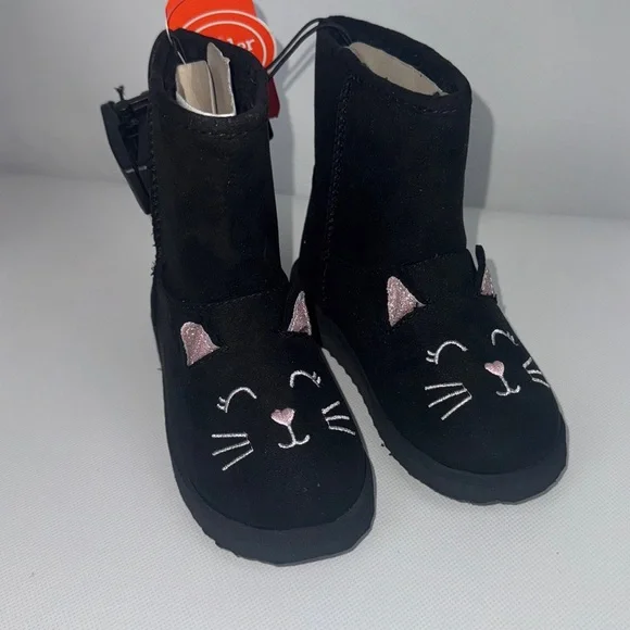 Wonder Nation Black Cat Kids pull on Boots with faux fur lining NWT 10 & 8 - Picture 1 of 6